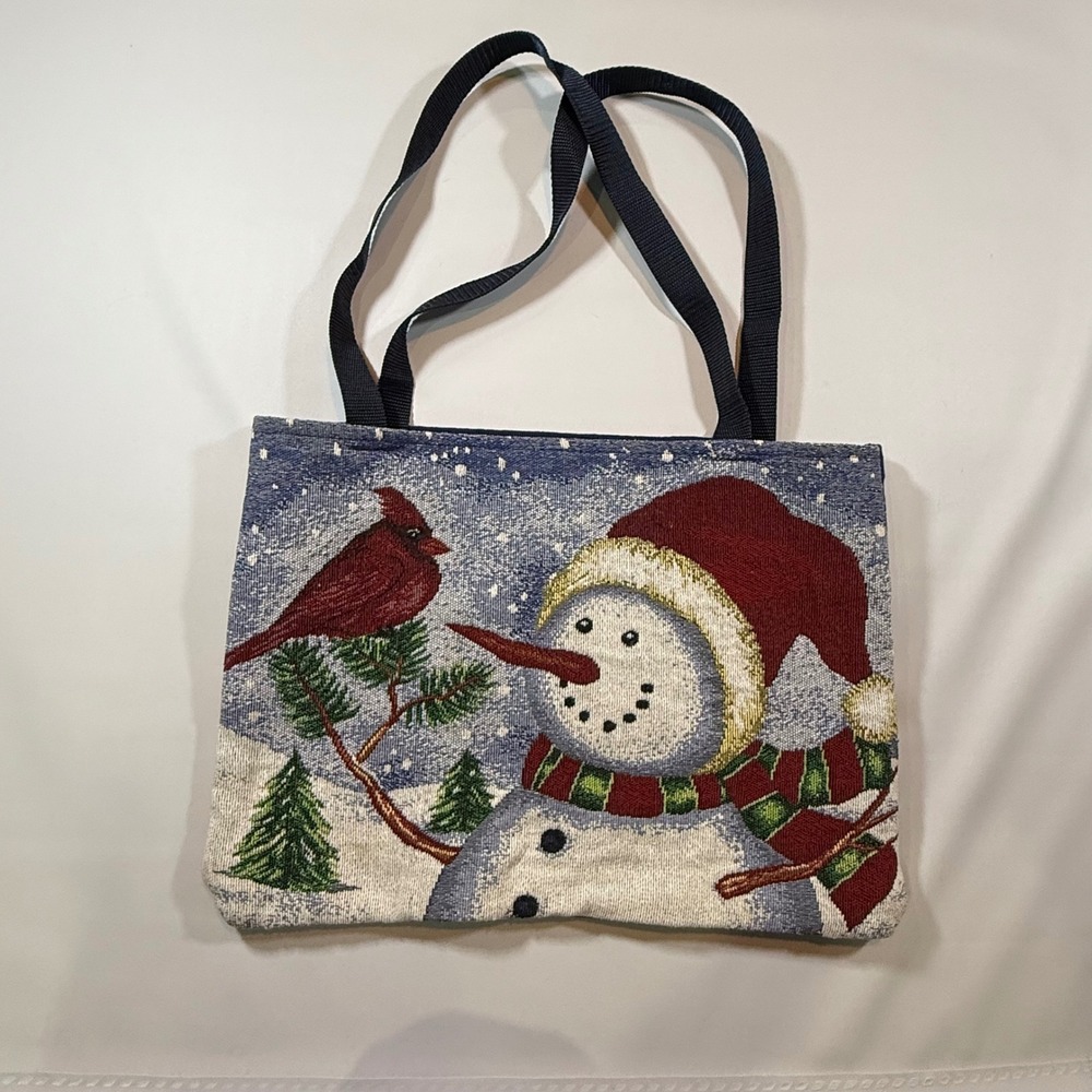 VTG Snowman Cardinal Tapestry Tote Bag Large Blue Holiday Winter Cottagecore